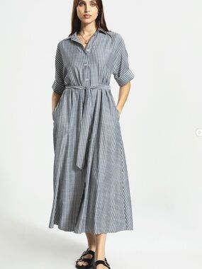 Striped Maxi Shirt Dress with Tie Belt - Blue/White